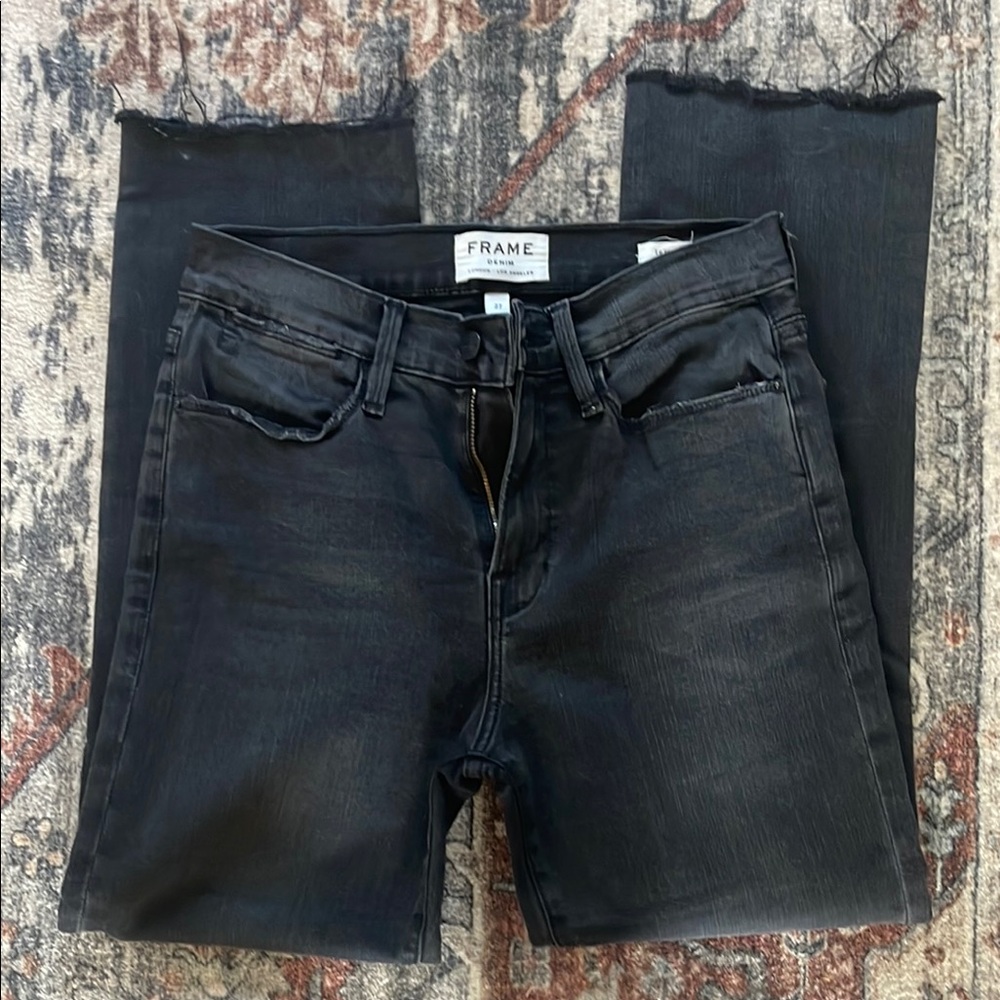 Frame Denim Black Ankle Cropped Distressed Jeans